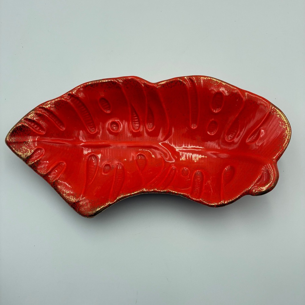 Vintage Red Gold Monstera Leaf Ceramic Dish USA Pottery 380 Mid Century Modern
